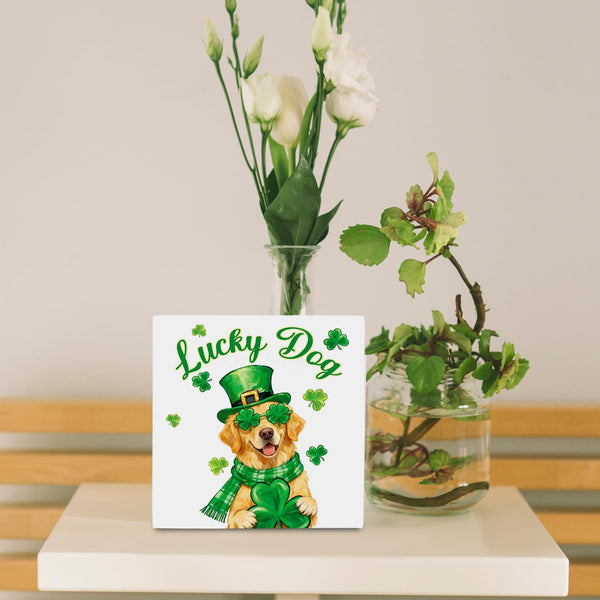 St. Patrick's Day Golden Retriever Wooden Box Sign 5x5 Inch, Golden Retriever Lover Gifts