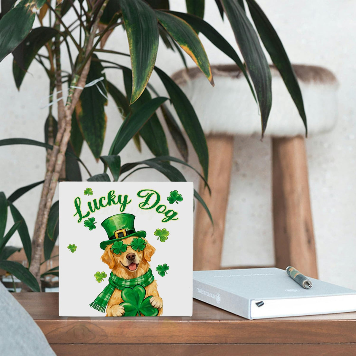 St. Patrick's Day Golden Retriever Wooden Box Sign 5x5 Inch, Golden Retriever Lover Gifts