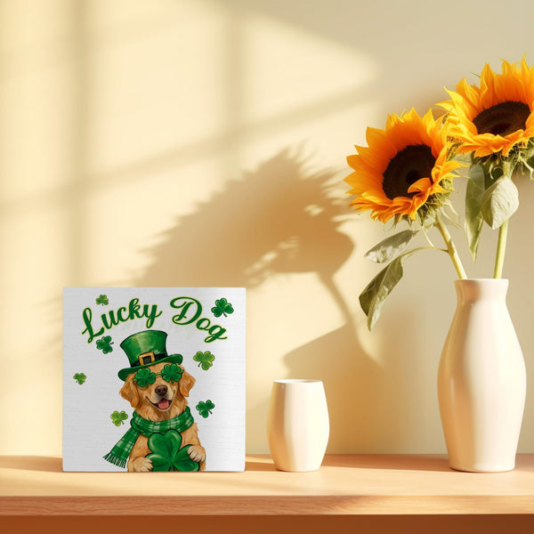 St. Patrick's Day Golden Retriever Wooden Box Sign 5x5 Inch, Golden Retriever Lover Gifts