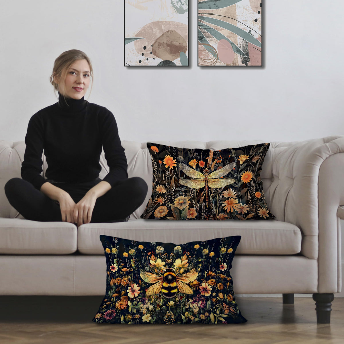Vintage Dragonfly Bee Floral Pillow Covers 12x20 Set of 2