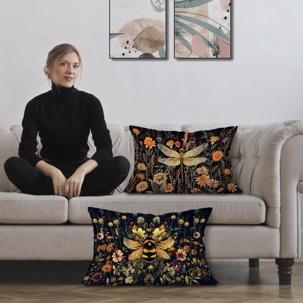 Vintage Dragonfly Bee Floral Pillow Covers 12x20 Set of 2