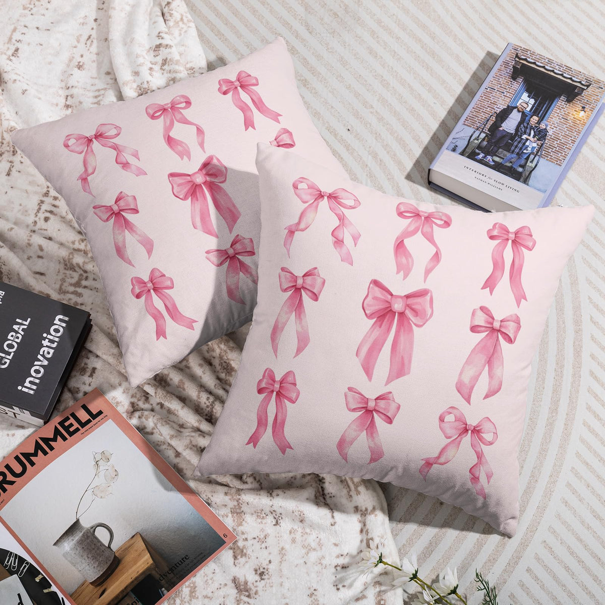 Waterproof Watercolor Pink Pillow Covers 18X18 Set of 2, Preppy Art Girls Room Decor Print