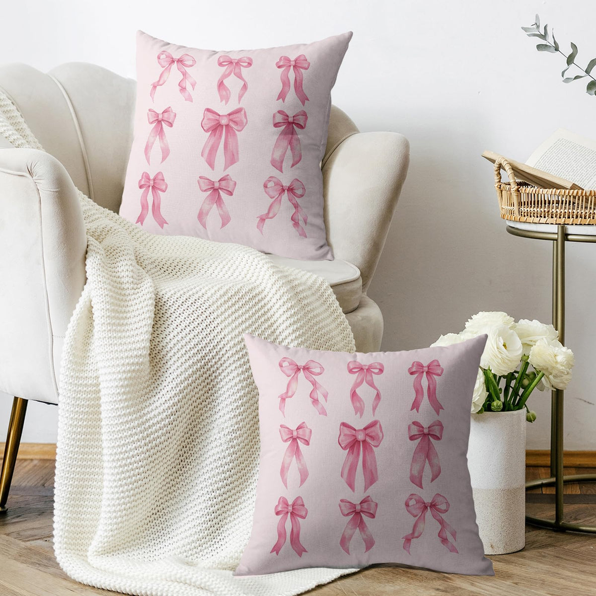 Waterproof Watercolor Pink Pillow Covers 18X18 Set of 2, Preppy Art Girls Room Decor Print