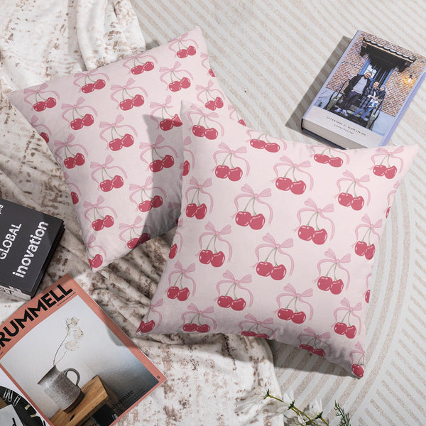Waterproof Pink Bow Cherry Pillow Covers 18X18 Set of 2, Girls Room Decor Preppy Art Print
