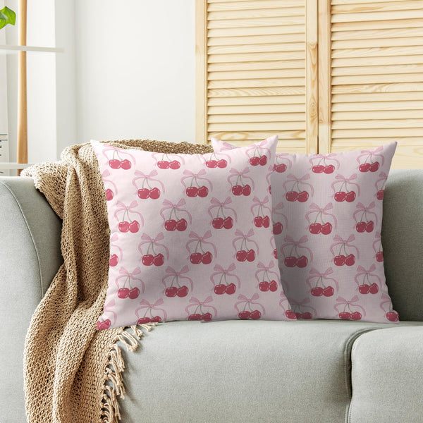 Waterproof Pink Bow Cherry Pillow Covers 18X18 Set of 2, Girls Room Decor Preppy Art Print