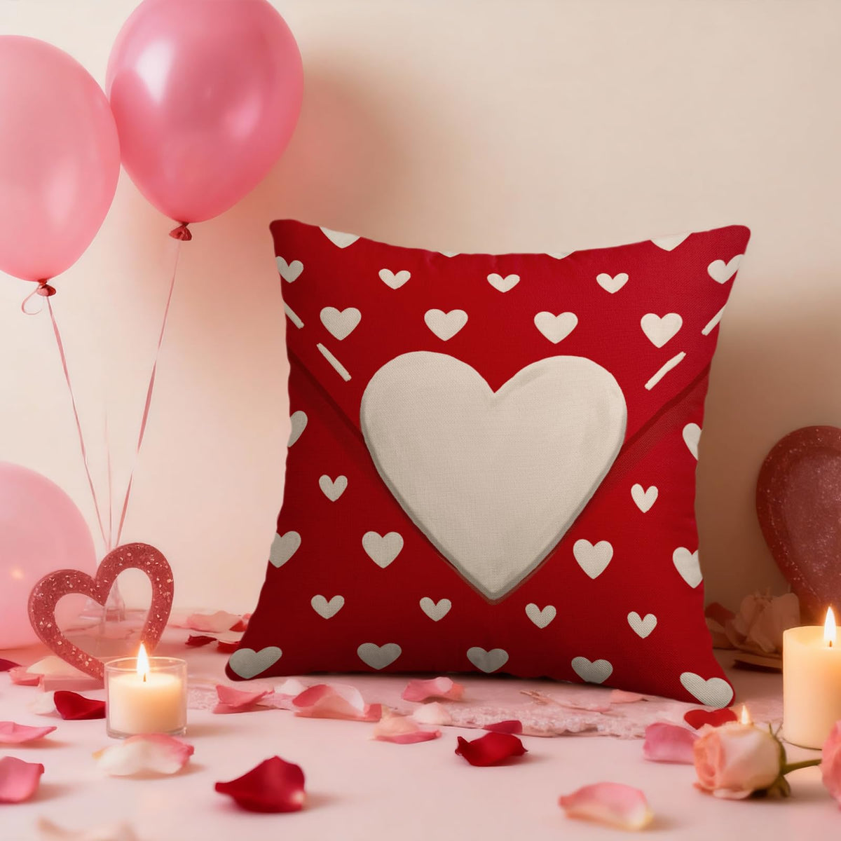 Waterproof Red Valentines Pillow Covers 18X18 Set of 2, Cream Heart Print Valentine's Day Themed Love