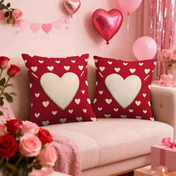 Waterproof Red Valentines Pillow Covers 18X18 Set of 2, Cream Heart Print Valentine's Day Themed Love