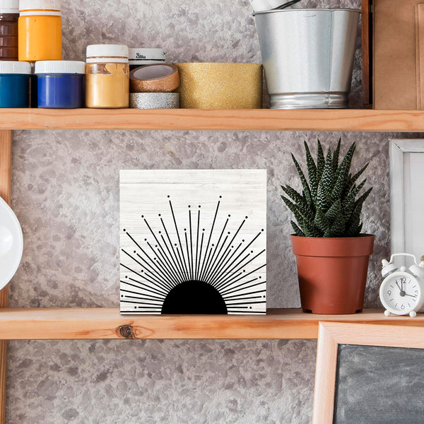 Abstract Boho Black Sun Sunrise Sunset Sunshine Sunray Rustic Wood Box Sign Desk Decor