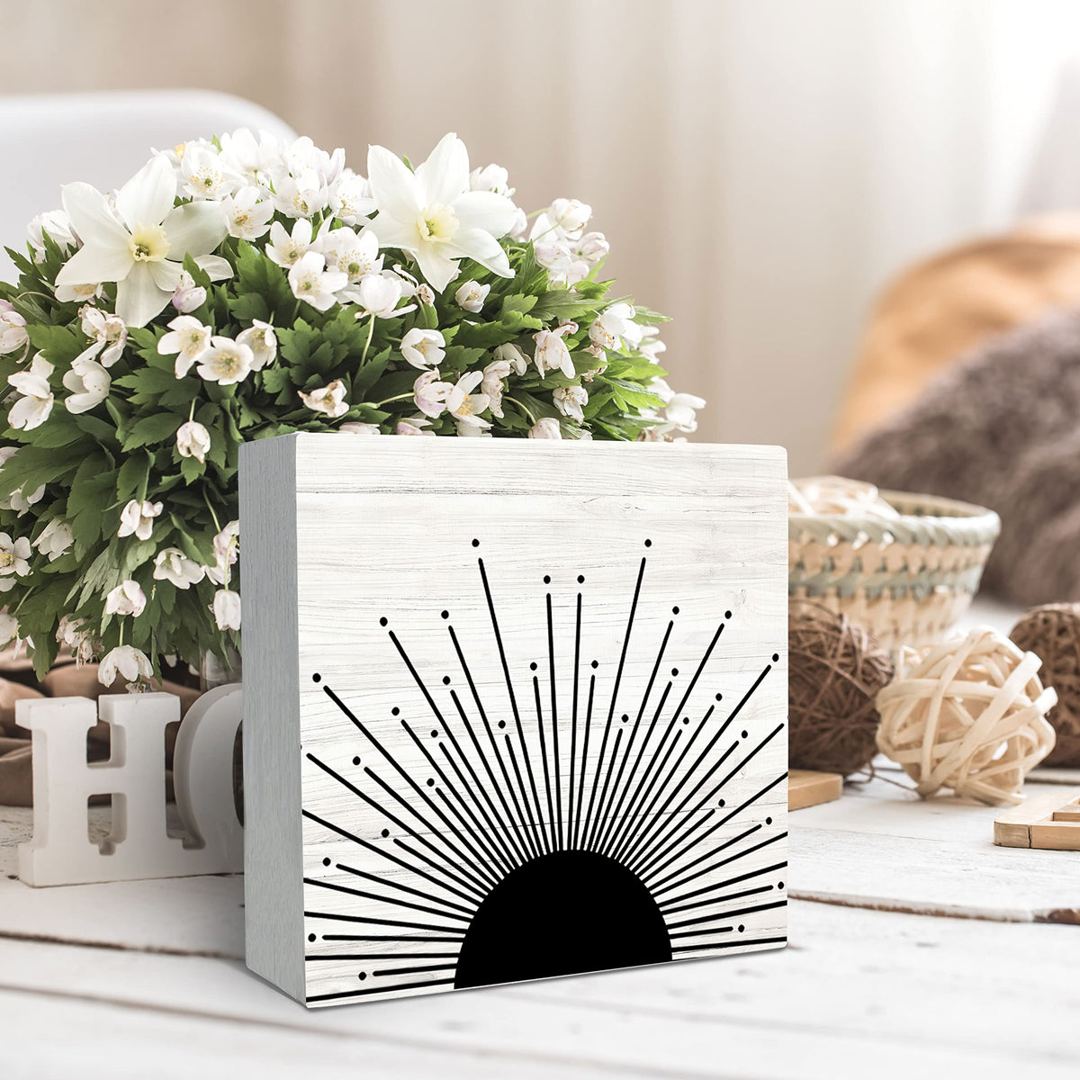 Abstract Boho Black Sun Sunrise Sunset Sunshine Sunray Rustic Wood Box Sign Desk Decor