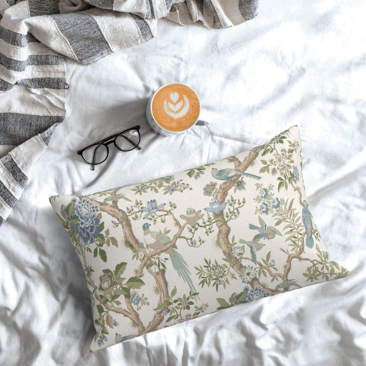 Sage Green Blue Pillow Covers 12x20 Inch 2 Pcs Spring Floral Bird Chinoiserie Decor, No Insert, Velvet