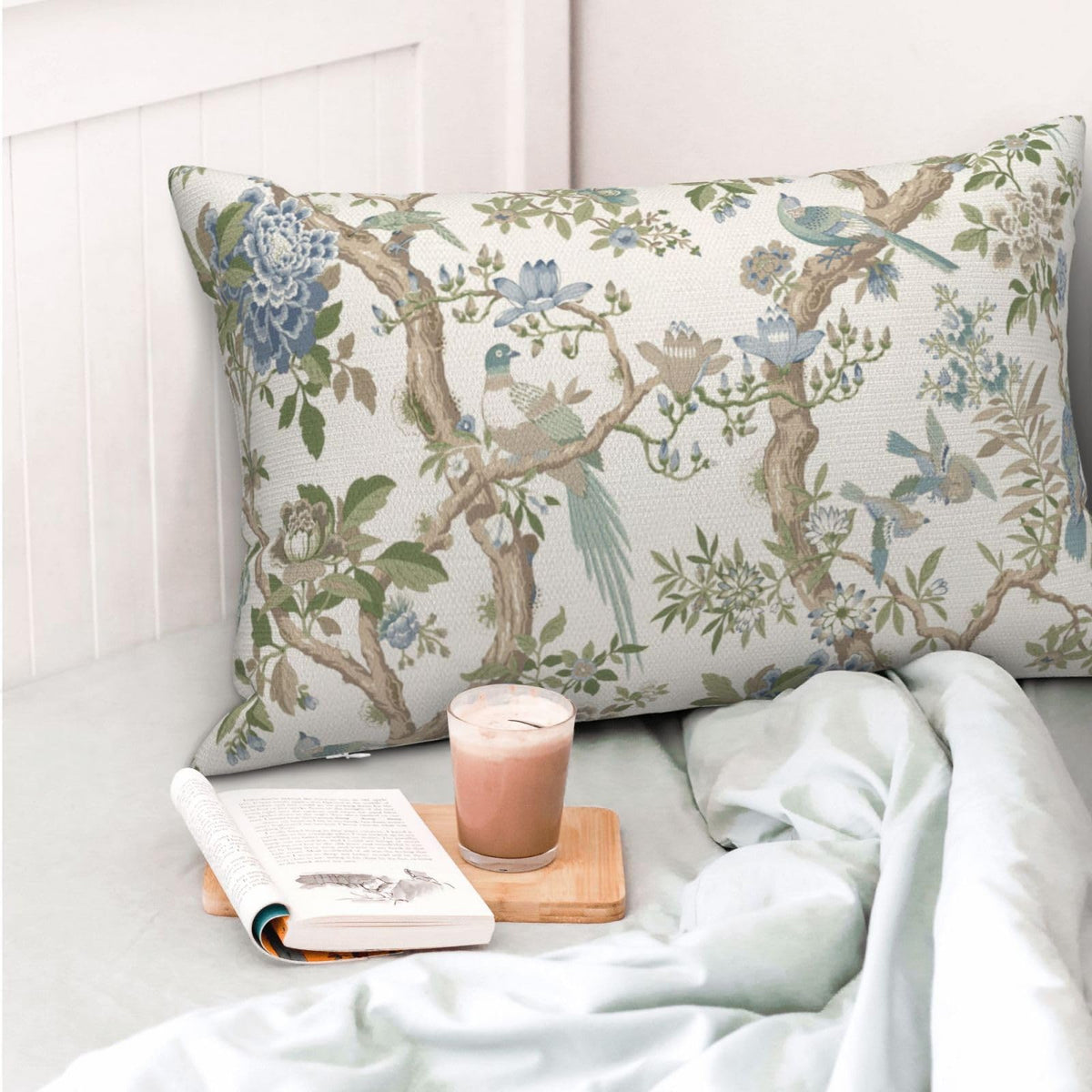 Sage Green Blue Pillow Covers 12x20 Inch 2 Pcs Spring Floral Bird Chinoiserie Decor, No Insert, Velvet