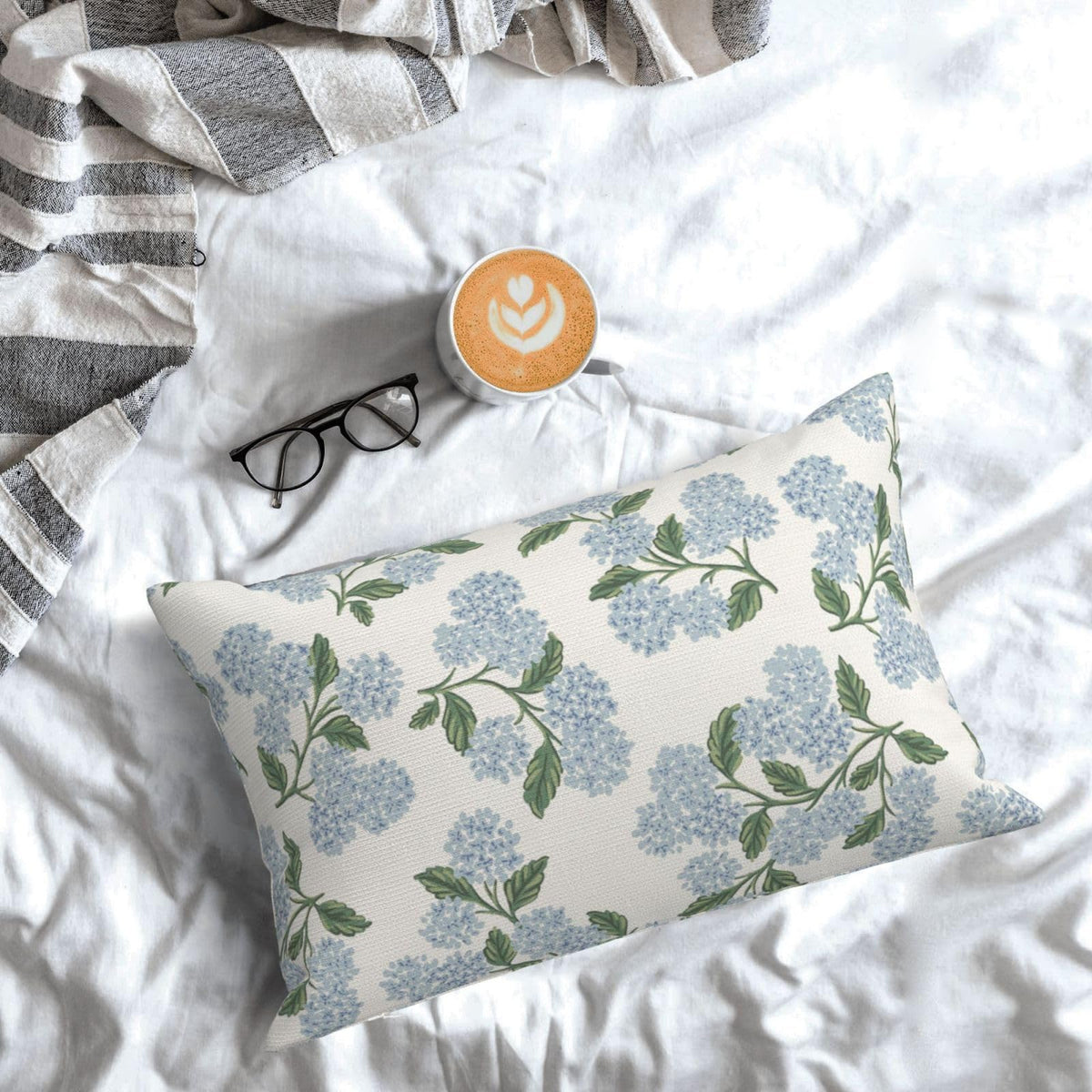 Spring Pillow Covers 12x20 Inch Set of 2, Green Blue Hydrangea Flower Throw Pillows Case