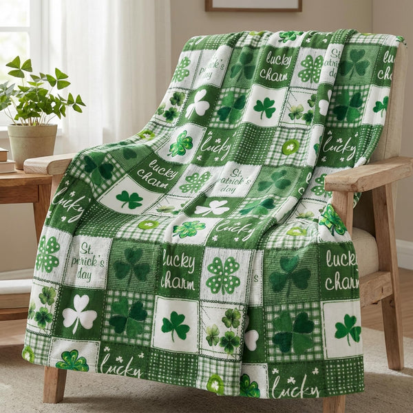 St. Patrick's Day Flannel Blanket Throw, Green Buffalo Plaid Shamrock Patchwork Soft Fuzzy