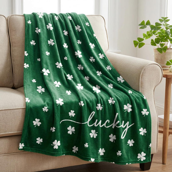 St. Patrick's Day Flannel Blanket Throw, Irish Clover Shamrock Green Soft Fuzzy Plush Cozy