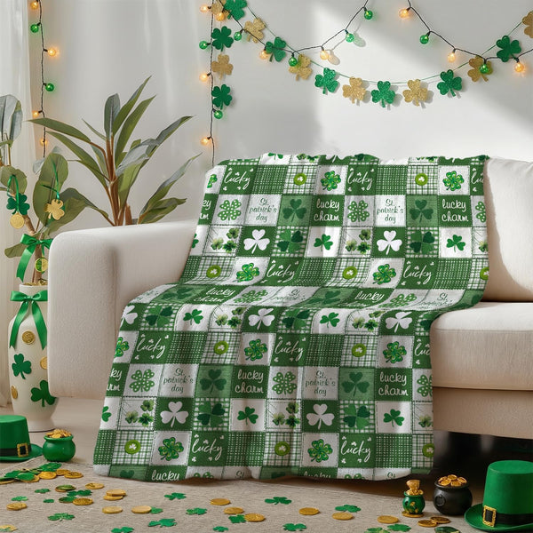 St. Patrick's Day Flannel Blanket Throw, Green Buffalo Plaid Shamrock Patchwork Soft Fuzzy