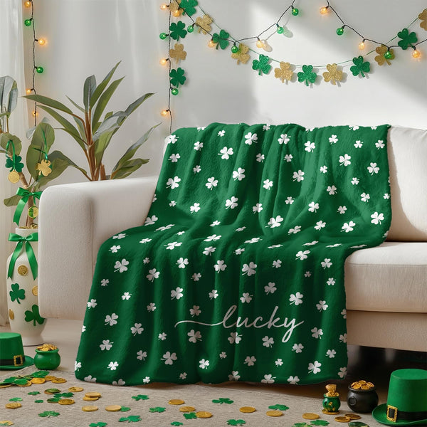 St. Patrick's Day Flannel Blanket Throw, Irish Clover Shamrock Green Soft Fuzzy Plush Cozy