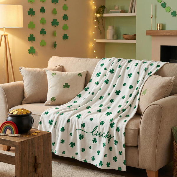 St. Patrick's Day Flannel Blanket Throw, Irish Clover Shamrock Green Soft Fuzzy Plush Cozy