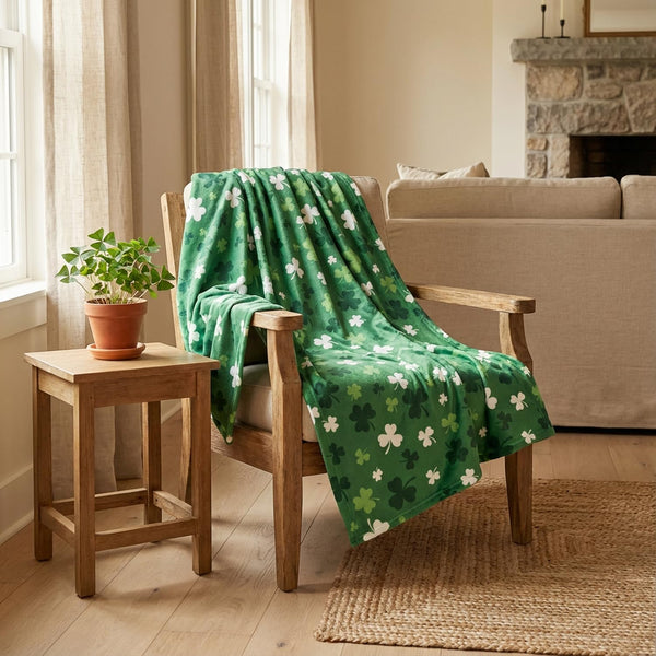 St. Patrick's Day Flannel Blanket Throw, Spring Shamrock Green Leaves Soft Fuzzy Plush