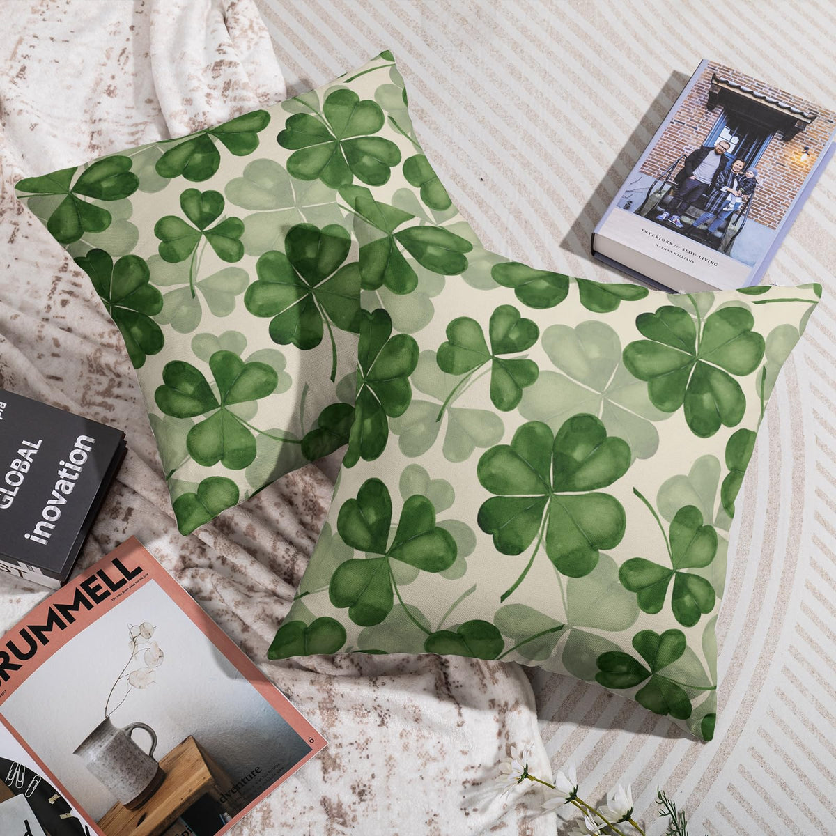 Waterproof St Patricks Day Pillow Covers 18X18 Set of 2, Clover Print Saint Patrick's Dark Green Decorative