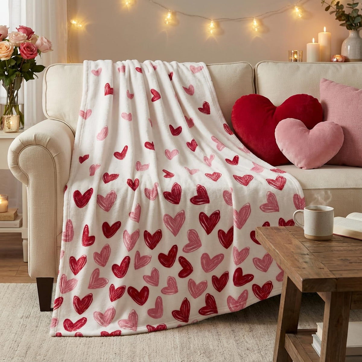 Valentine Flannel Blanket Throw, Red Love Heart Painting Soft Fuzzy Plush Cozy Fleece Blankets