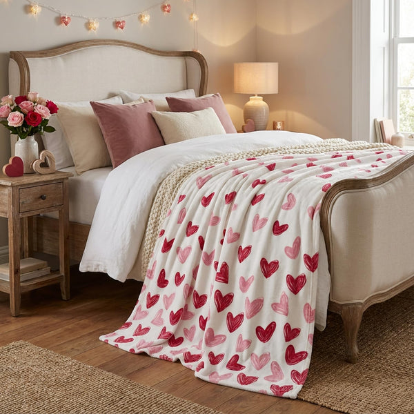 Valentine Flannel Blanket Throw, Red Love Heart Painting Soft Fuzzy Plush Cozy Fleece Blankets