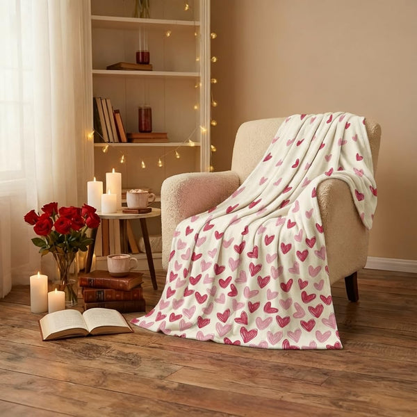 Valentine Flannel Blanket Throw, Red Love Heart Painting Soft Fuzzy Plush Cozy Fleece Blankets