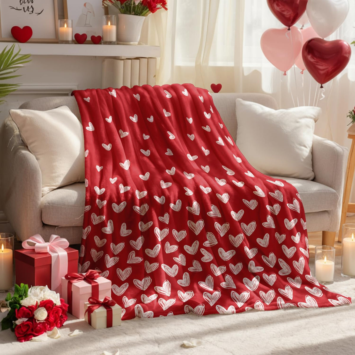 Valentine Flannel Blanket Throw, Red Love Heart Painting Soft Fuzzy Plush Cozy Fleece Blankets