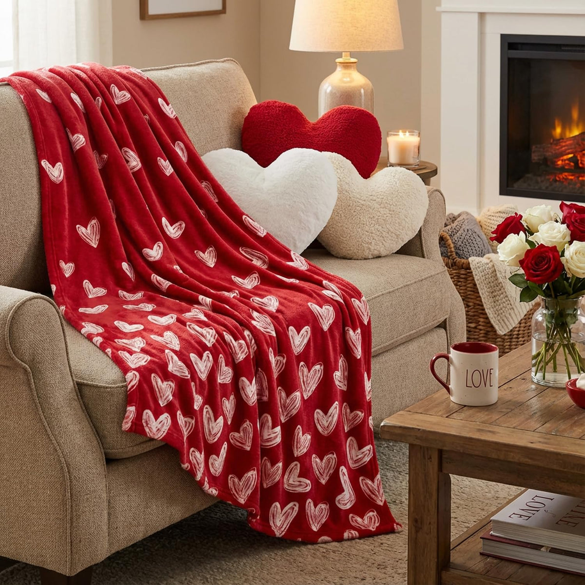 Valentine Flannel Blanket Throw, Red Love Heart Painting Soft Fuzzy Plush Cozy Fleece Blankets