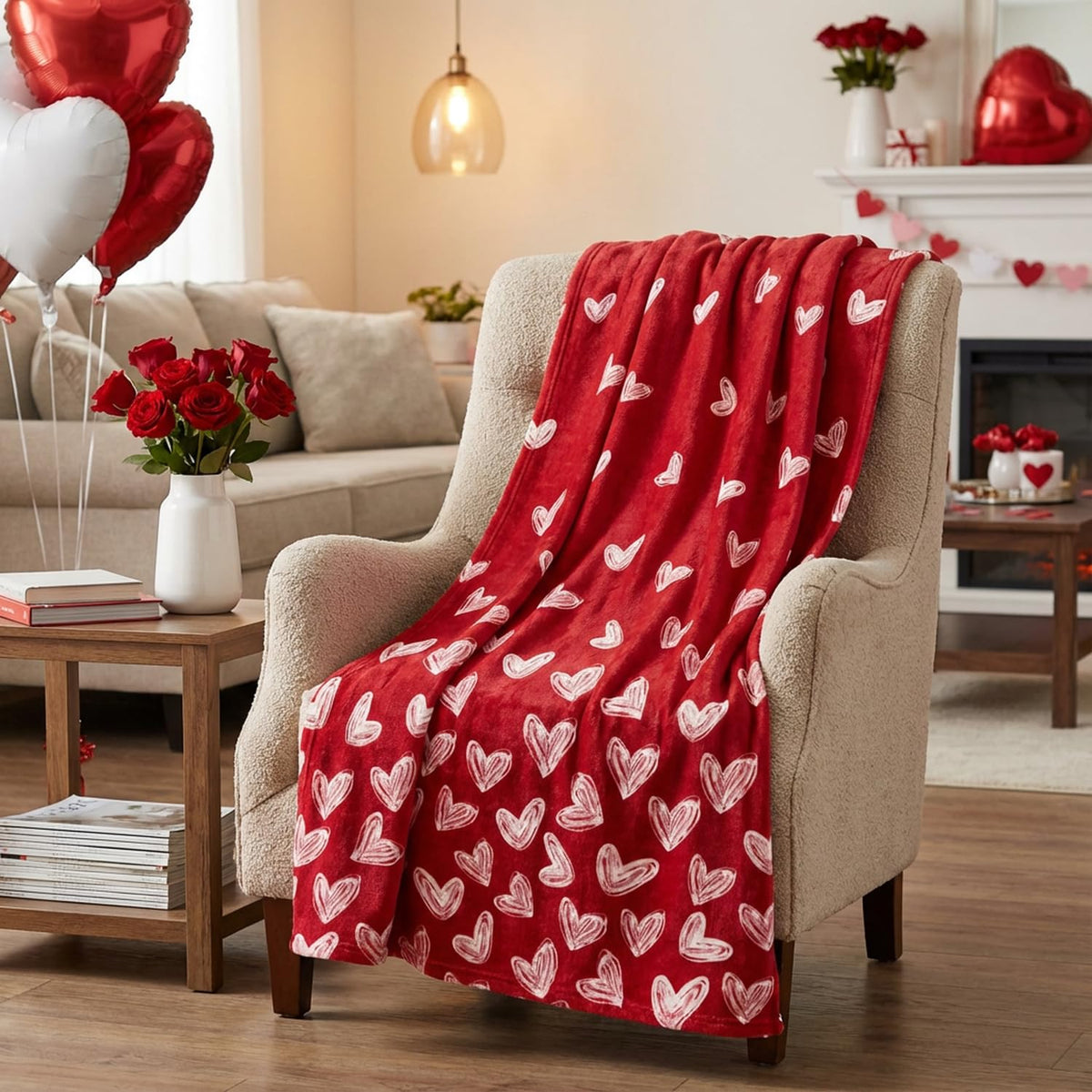 Valentine Flannel Blanket Throw, Red Love Heart Painting Soft Fuzzy Plush Cozy Fleece Blankets