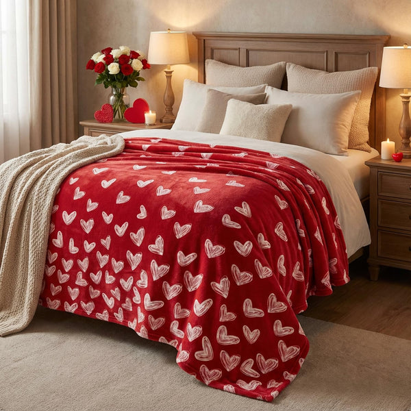 Valentine Flannel Blanket Throw, Red Love Heart Painting Soft Fuzzy Plush Cozy Fleece Blankets