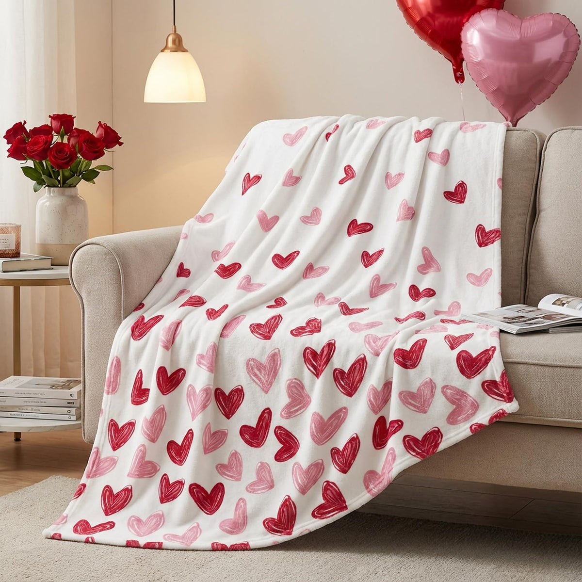 Valentine Flannel Blanket Throw, Red Love Heart Painting Soft Fuzzy Plush Cozy Fleece Blankets