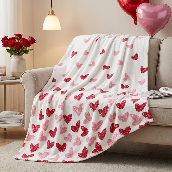 Valentine Flannel Blanket Throw, Red Love Heart Painting Soft Fuzzy Plush Cozy Fleece Blankets