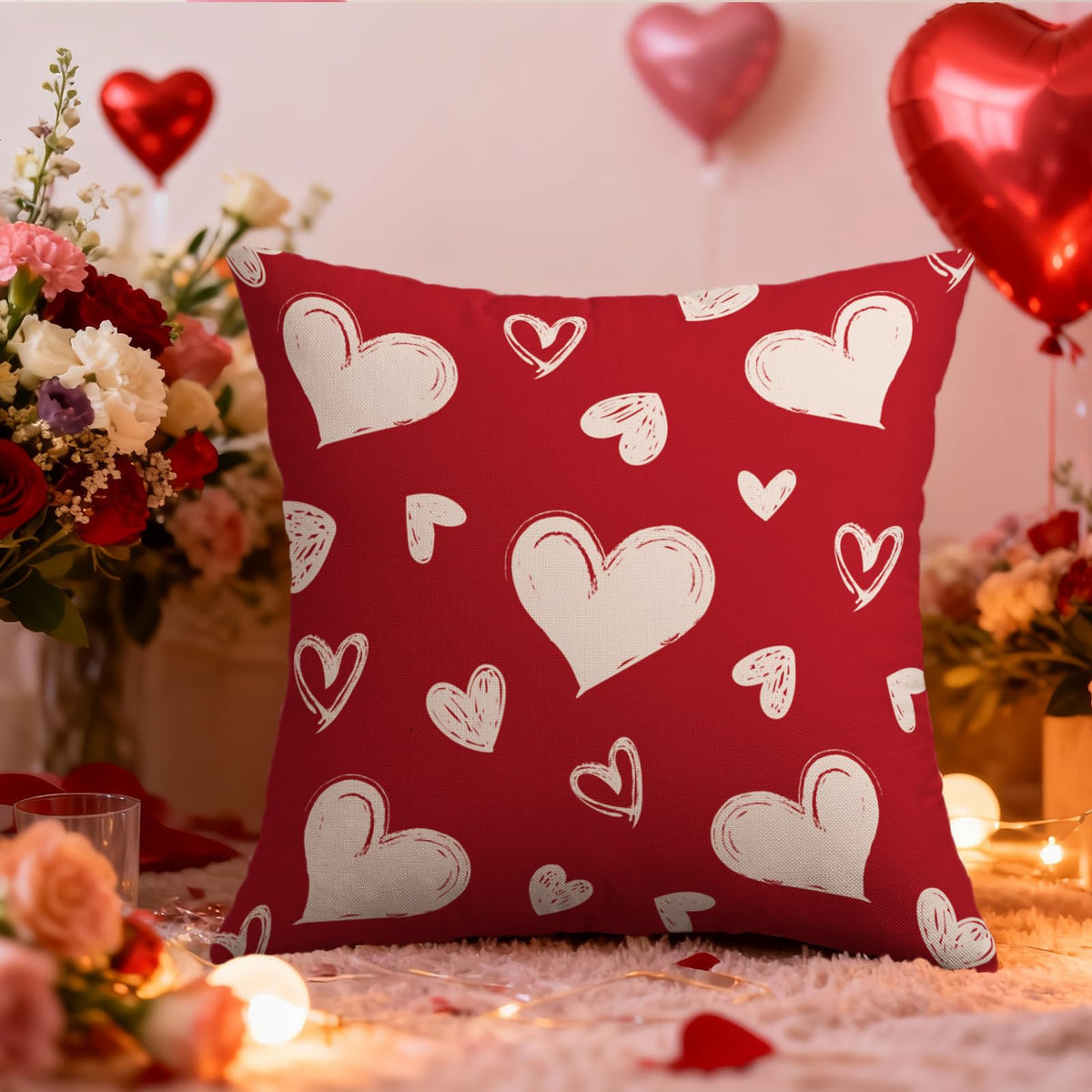 Waterproof Red Valentines Pillow Covers 18X18 Set of 2, Valentine's Day Cream Love Heart Pattern