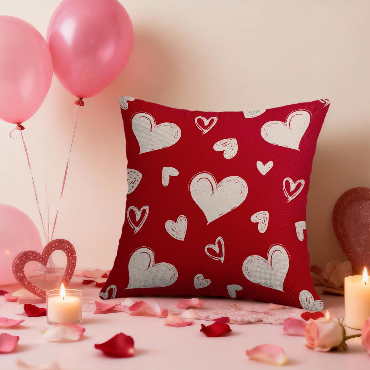 Waterproof Red Valentines Pillow Covers 18X18 Set of 2, Valentine's Day Cream Love Heart Pattern