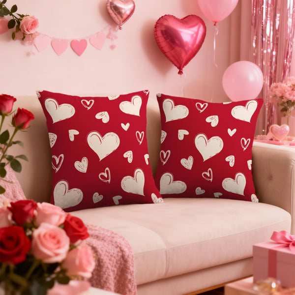 Waterproof Red Valentines Pillow Covers 18X18 Set of 2, Valentine's Day Cream Love Heart Pattern