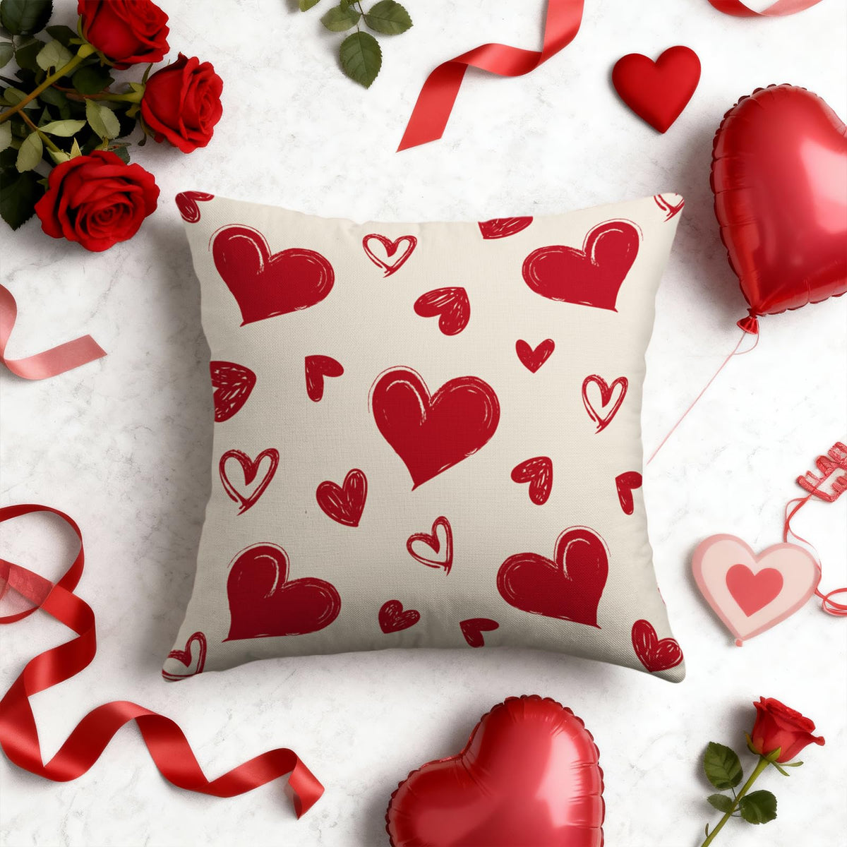 Waterproof Valentine's Day Pillow Covers 18X18 Set of 2, Red Love Heart Valentines Pattern Print