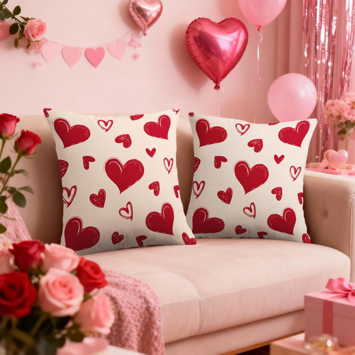 Waterproof Valentine's Day Pillow Covers 18X18 Set of 2, Red Love Heart Valentines Pattern Print