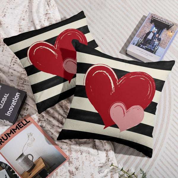 Waterproof Valentines Day Pillow Covers 18X18 Set of 2, Red Pink Love Heart Valentine's Pattern Black Striped Print