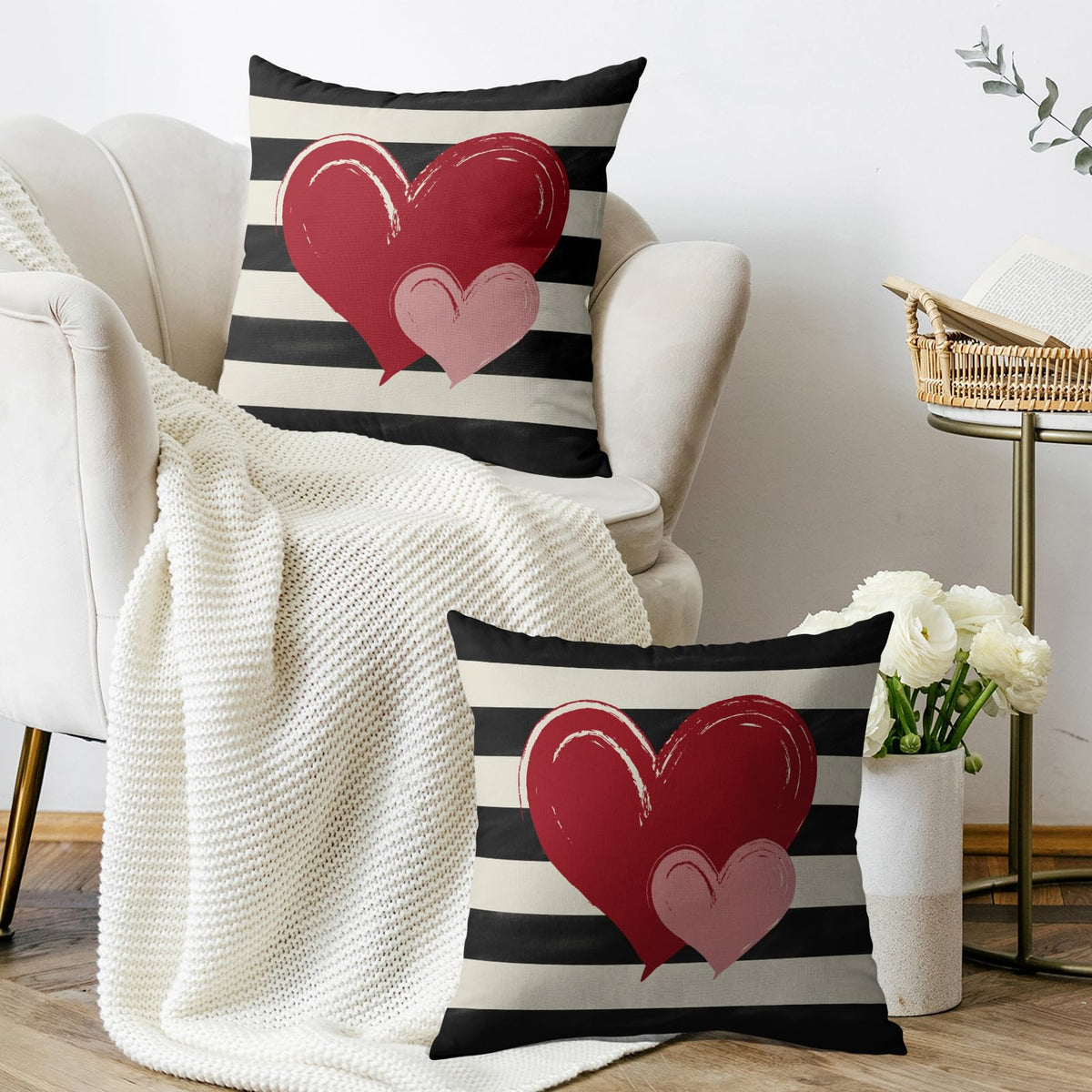 Waterproof Valentines Day Pillow Covers 18X18 Set of 2, Red Pink Love Heart Valentine's Pattern Black Striped Print