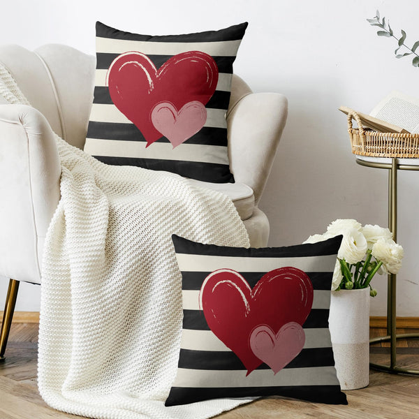 Waterproof Valentines Day Pillow Covers 18X18 Set of 2, Red Pink Love Heart Valentine's Pattern Black Striped Print