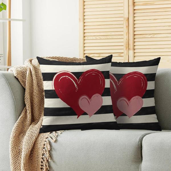 Waterproof Valentines Day Pillow Covers 18X18 Set of 2, Red Pink Love Heart Valentine's Pattern Black Striped Print