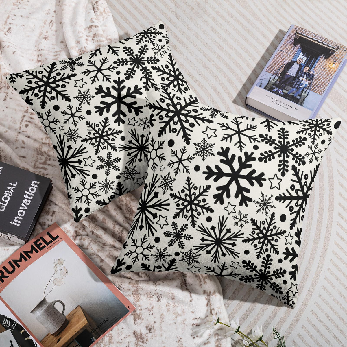 Waterproof Winter Snowflake Pillow Covers 18X18 Set of 2, Black Christmas Theme Patter Print