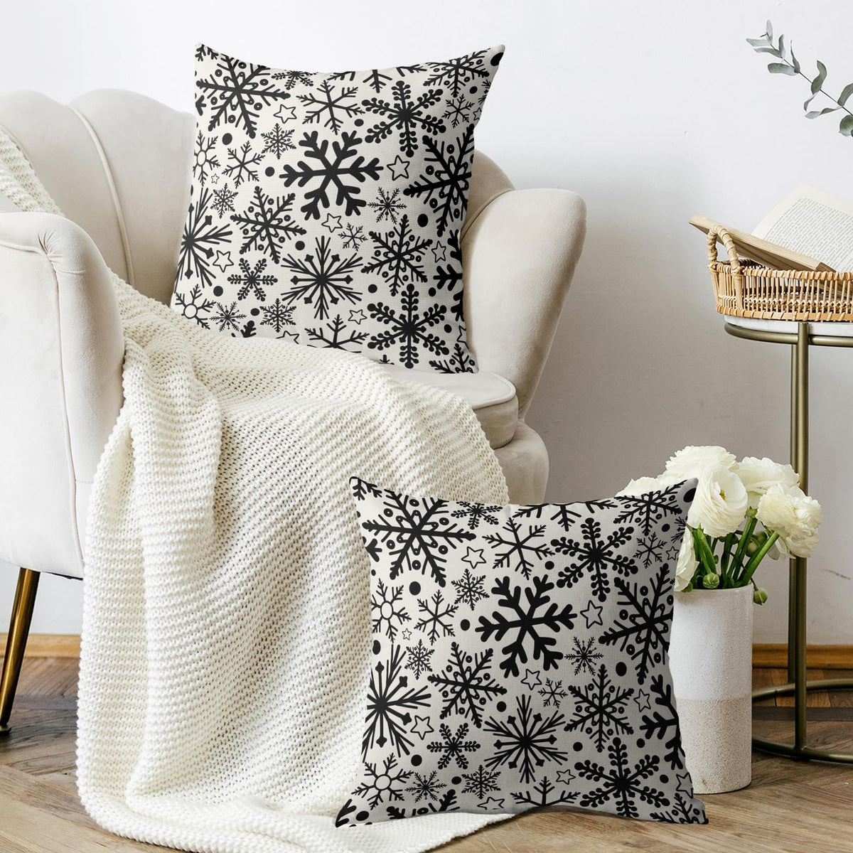 Waterproof Winter Snowflake Pillow Covers 18X18 Set of 2, Black Christmas Theme Patter Print