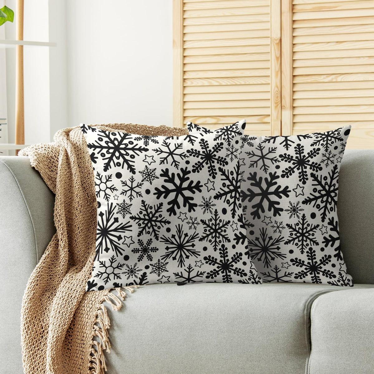 Waterproof Winter Snowflake Pillow Covers 18X18 Set of 2, Black Christmas Theme Patter Print