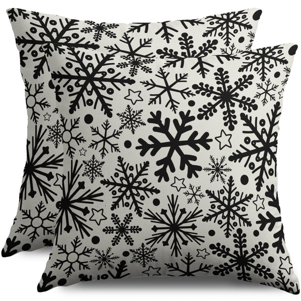 Waterproof Winter Snowflake Pillow Covers 18X18 Set of 2, Black Christmas Theme Patter Print