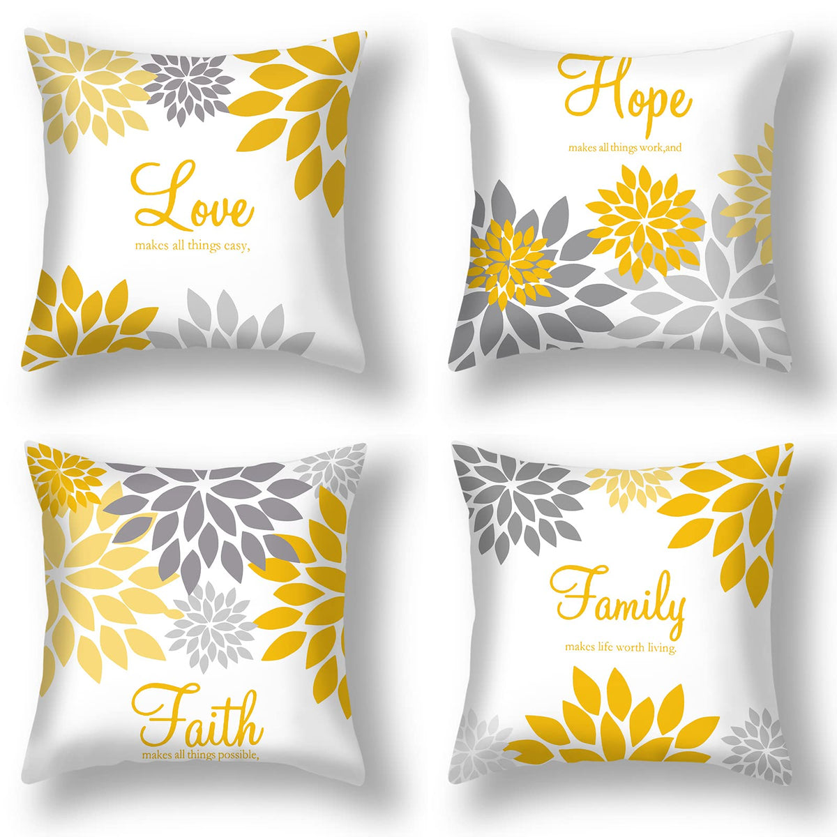4 Pcs Flower Pillow Covers Square Winter Pillow Cushion Cases 18x18 Inch, Family Faith Hope Love Words