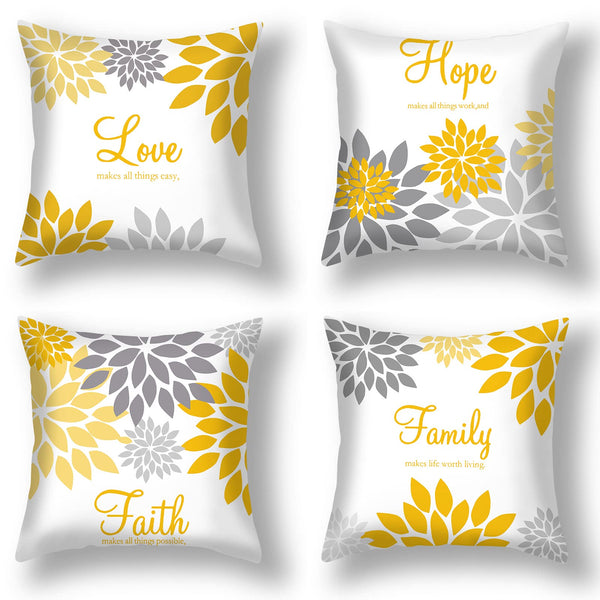 4 Pcs Flower Pillow Covers Square Winter Pillow Cushion Cases 18x18 Inch, Family Faith Hope Love Words