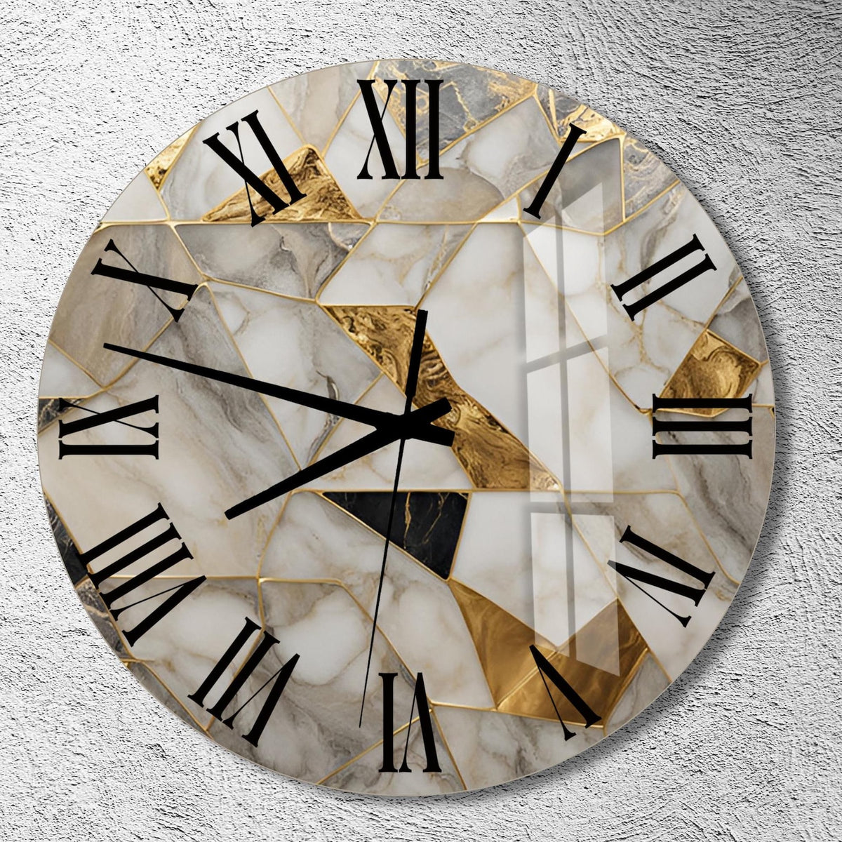 Tempered Glass Wall Clock: Abstract Mosaic with Gold Accents