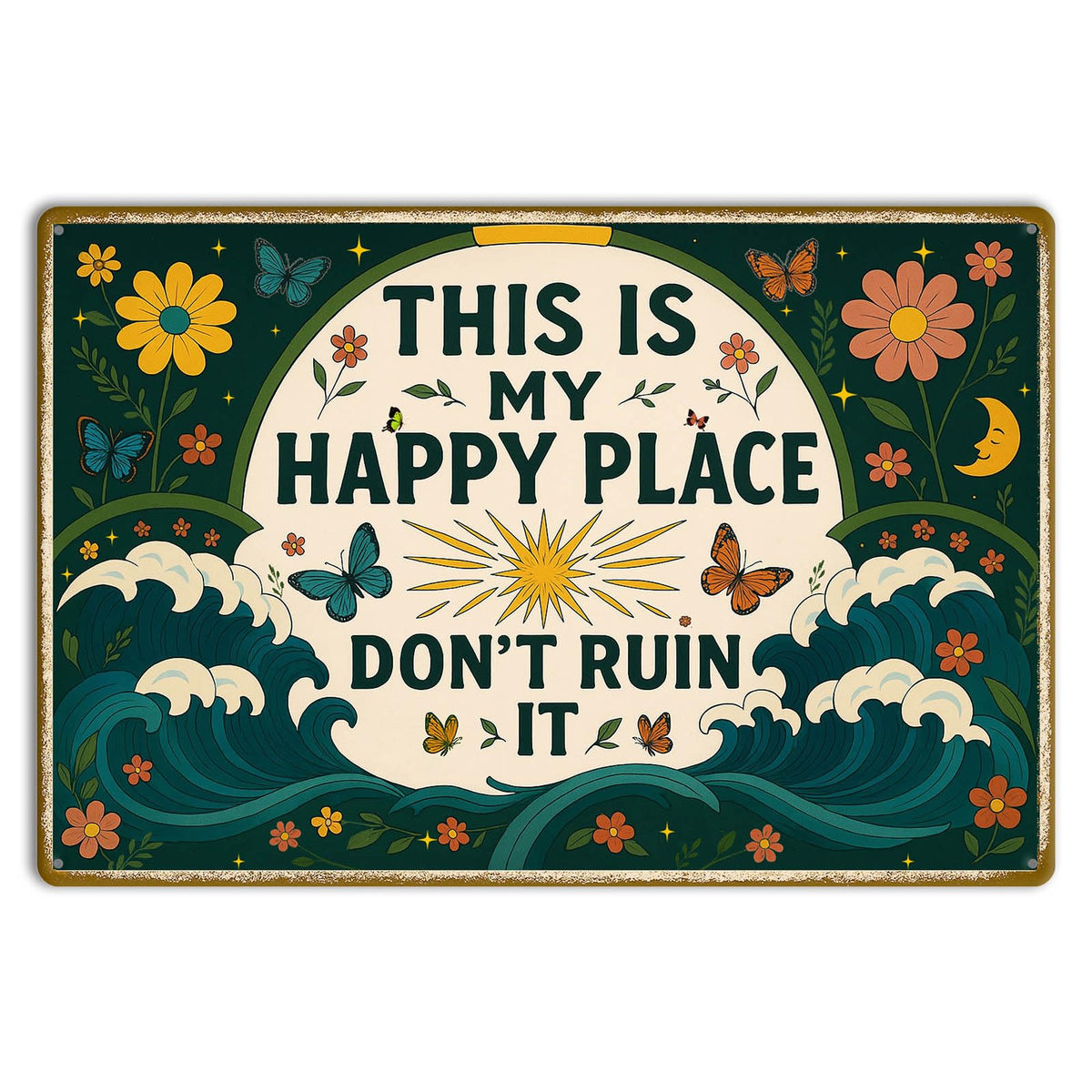 This is My Happy Place Sign – Vintage Metal Tin Wall Art 8x12 Inch – Funny Garden or Home Decor
