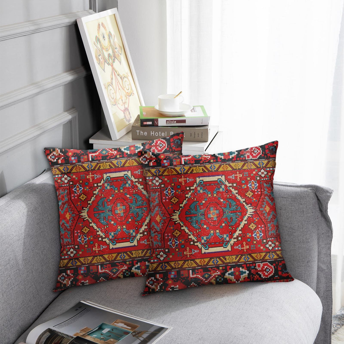 Outdoor Waterproof Throw Pillow Covers, Aztec Ethnic Home Art Decor, 18 x 18 Inches Set of 2
